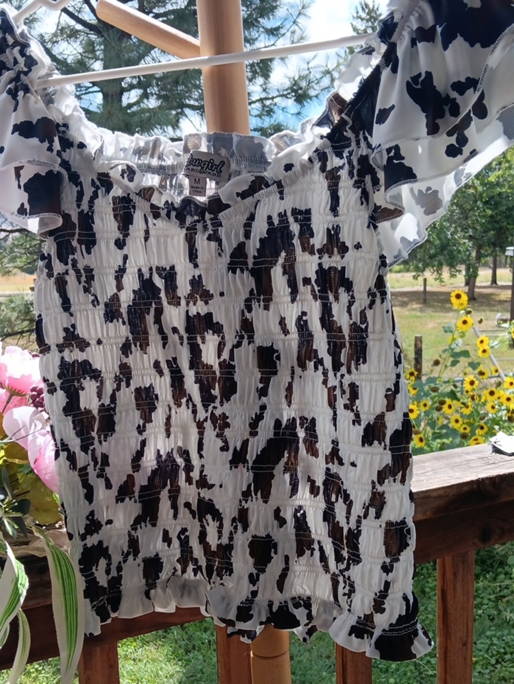 Cowprint Shirred Off-Shoulder Tank Top - White & Black